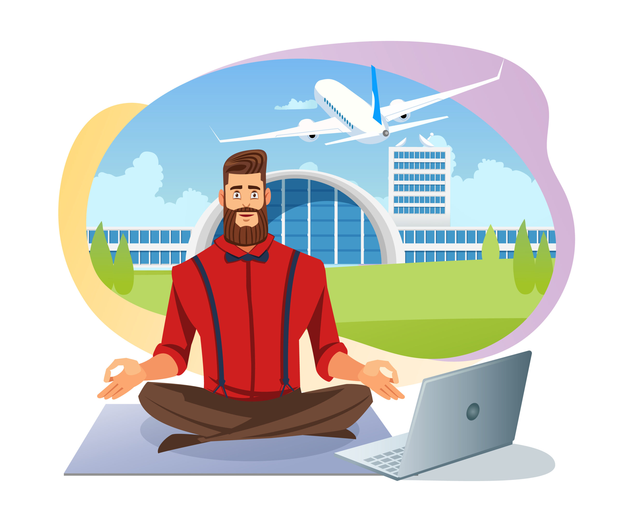 Man at peace with a laptop and plane in the back